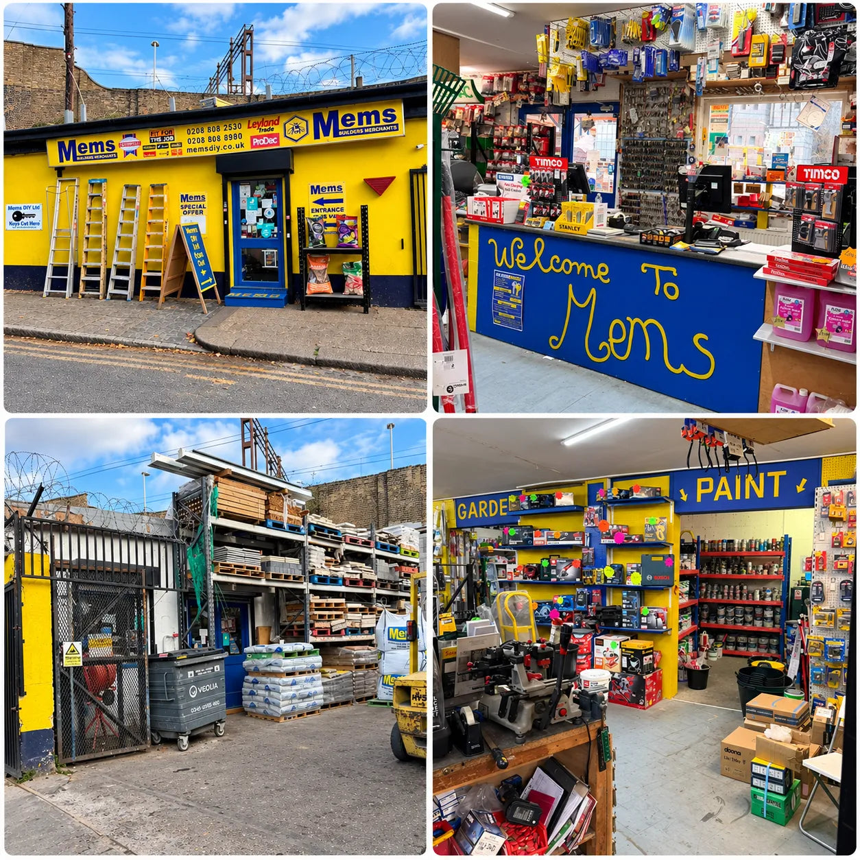 The Mems DIY store front, counter, yard and paint aisle on Moorefield Road